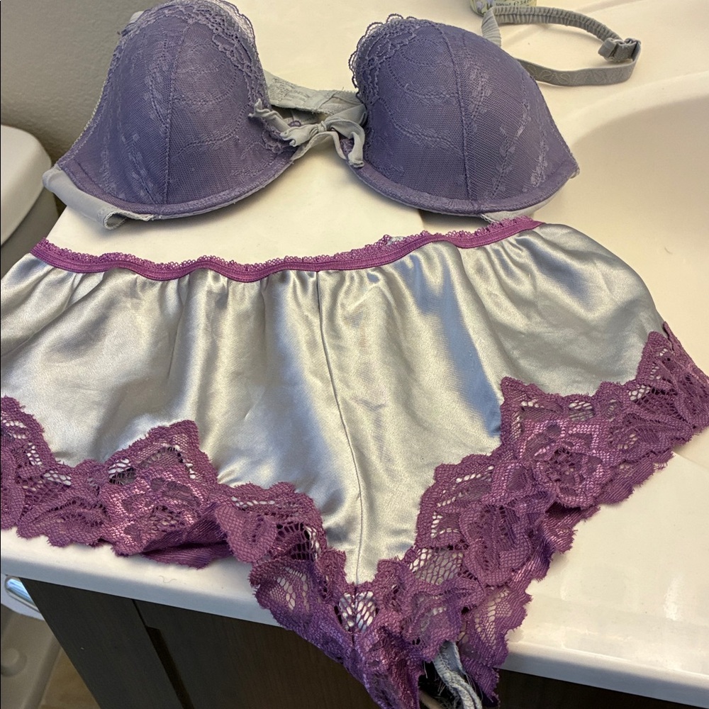 grey satin and purple lace silky tap pants with grey/purple bra